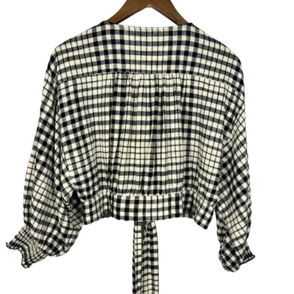 Zara Womens Check Plaid Crop Top Size L Academia Preppy‎ Gauzy Balloon Sleeves - Picture 10 of 11